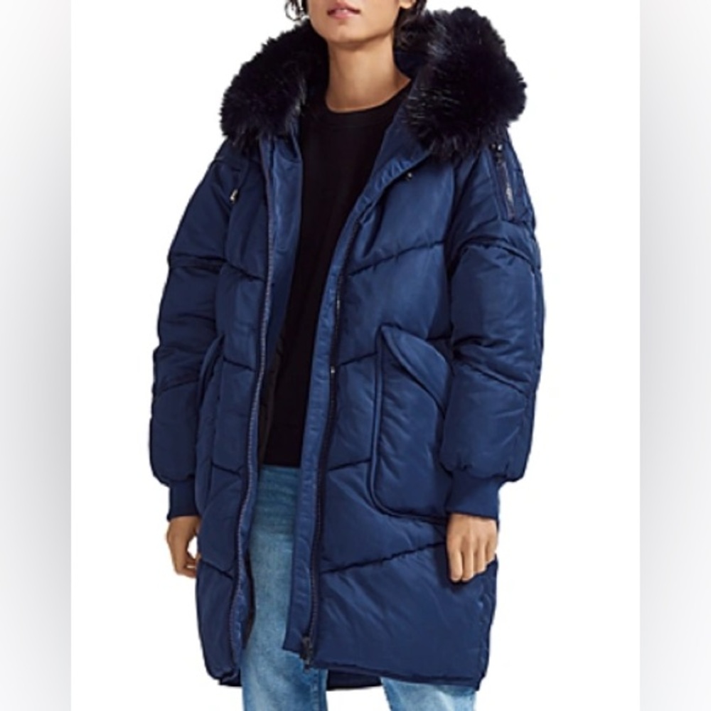 MAJE Gorange Real Asiatic Raccoon Fur-trimmed Hood Puffer Coat In Navy